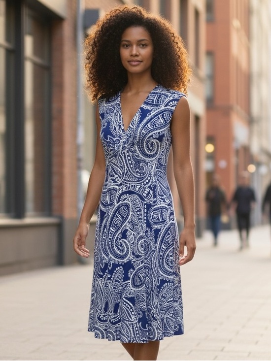 Enfocus Studio Dresses & Skirts - Enfocus Studio Blue and White Paisley V-Neck Midi Dress
